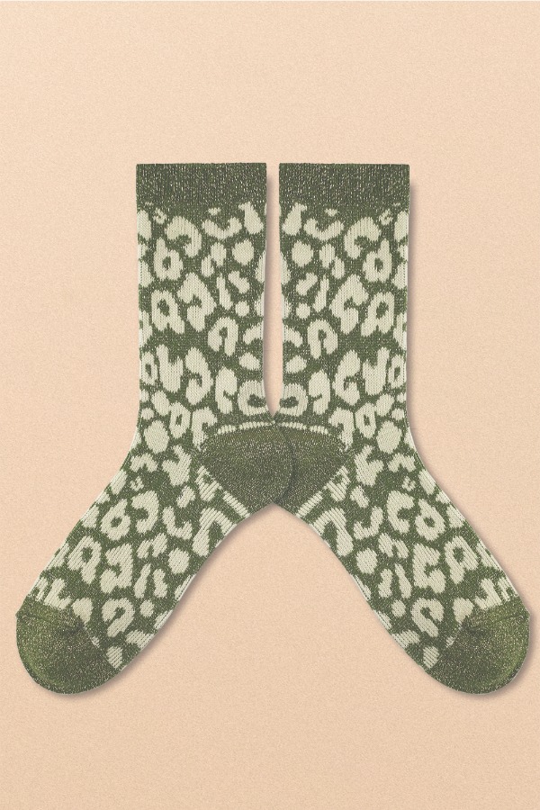 Leopard Glitter Socks_Khaki